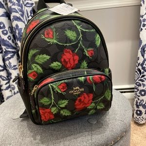 Coach Black Red Rose Mini  Backpack